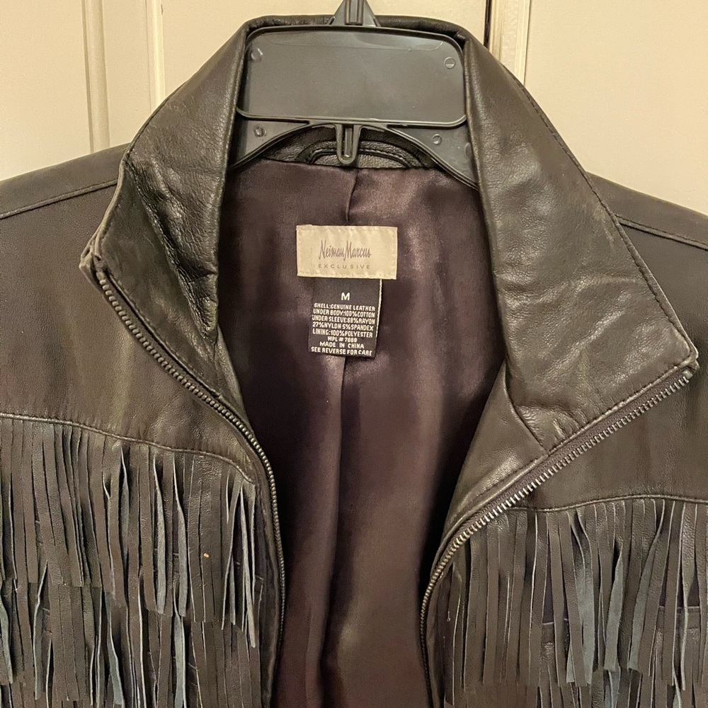 Neiman Marcus Black Leather Fringe Zip Jacket Buttery soft leather. - Picture 3 of 4